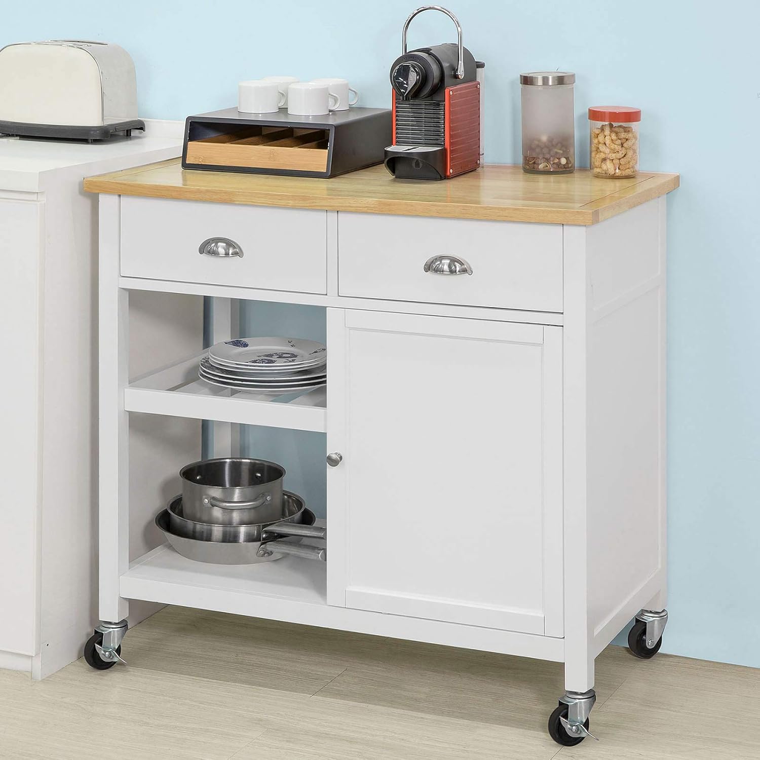 Kitchen Cart with Rubber Wood Top and Wide Drawer P9245