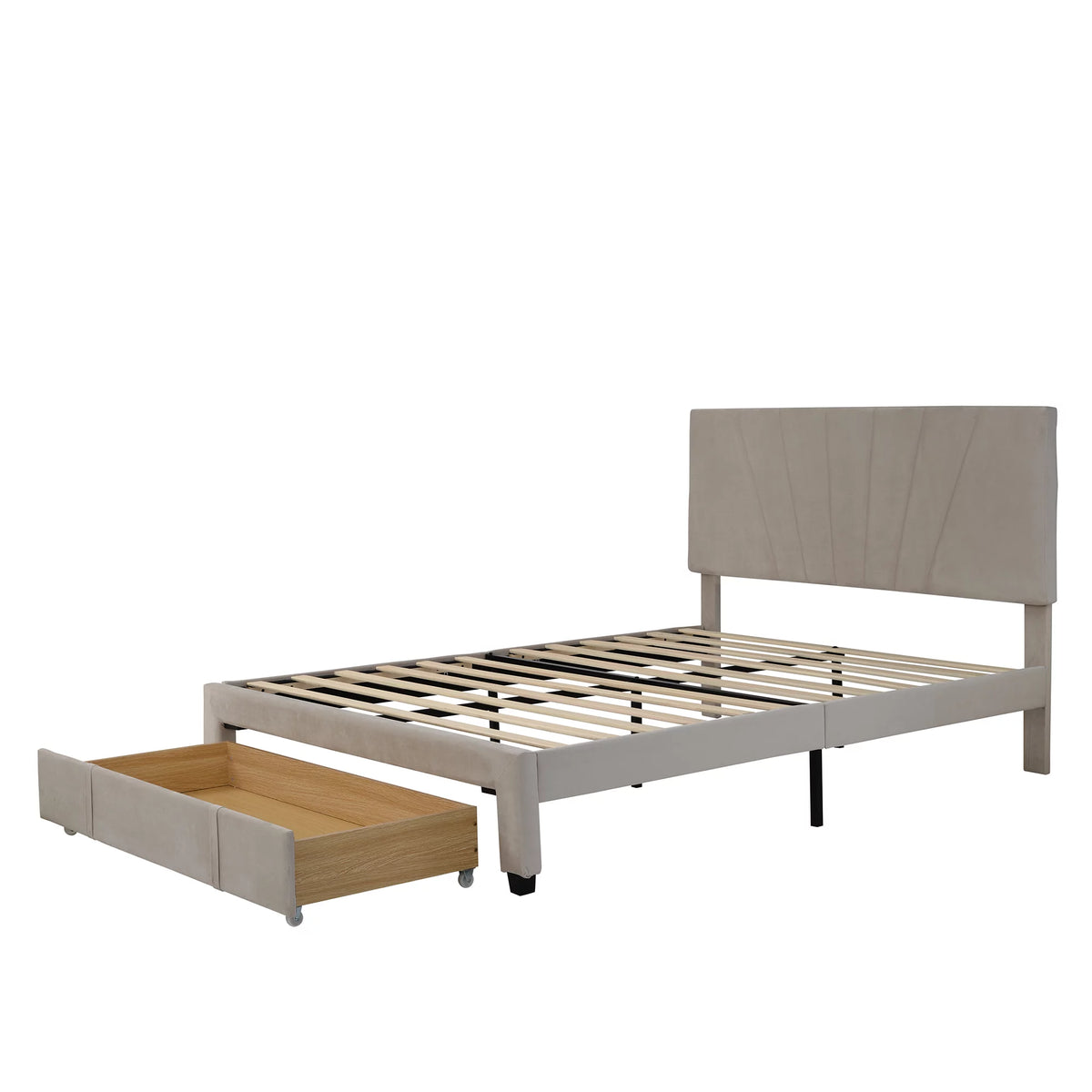 Beige Queen Size Velvet Upholstered Platform Bed with Drawer H4145