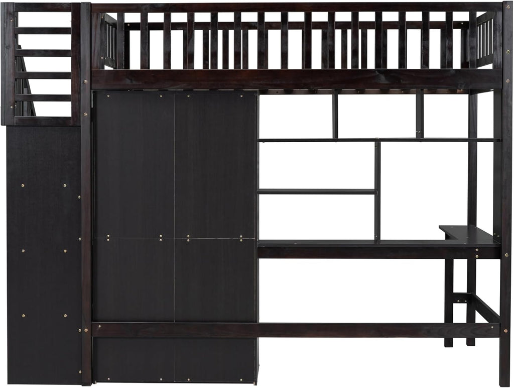 Twin Size Solid Wood Loft Bed with Stairs, Desk, Bookshelf, Drawers and Wardrobe D6083