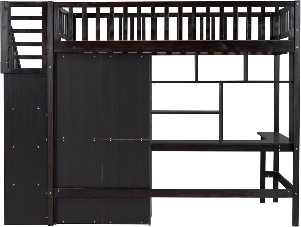 Twin Size Solid Wood Loft Bed with Stairs, Desk, Bookshelf, Drawers and Wardrobe D6083