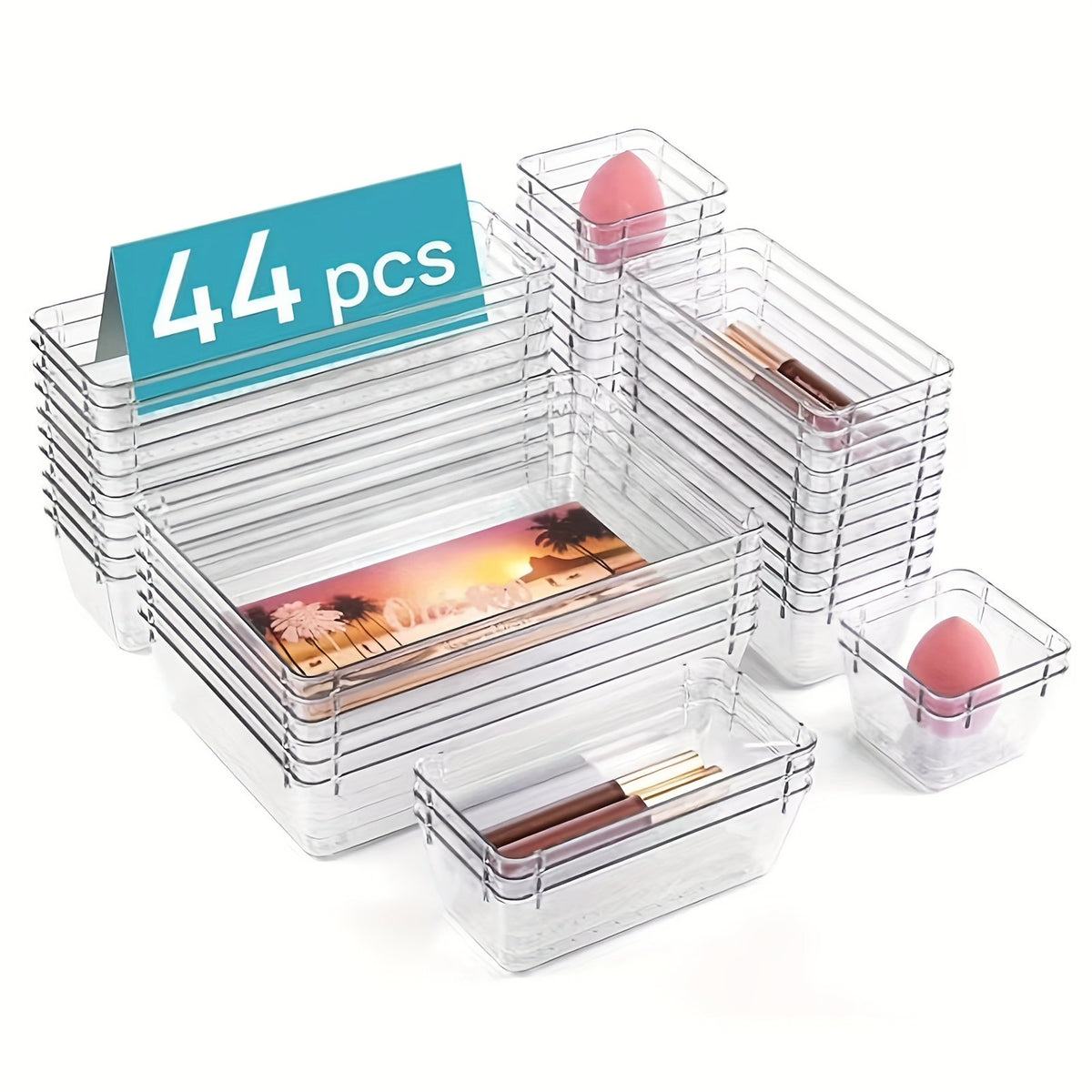 44pcs Clear Plastic Drawer Organizers Set with Non-Slip Pads U126882