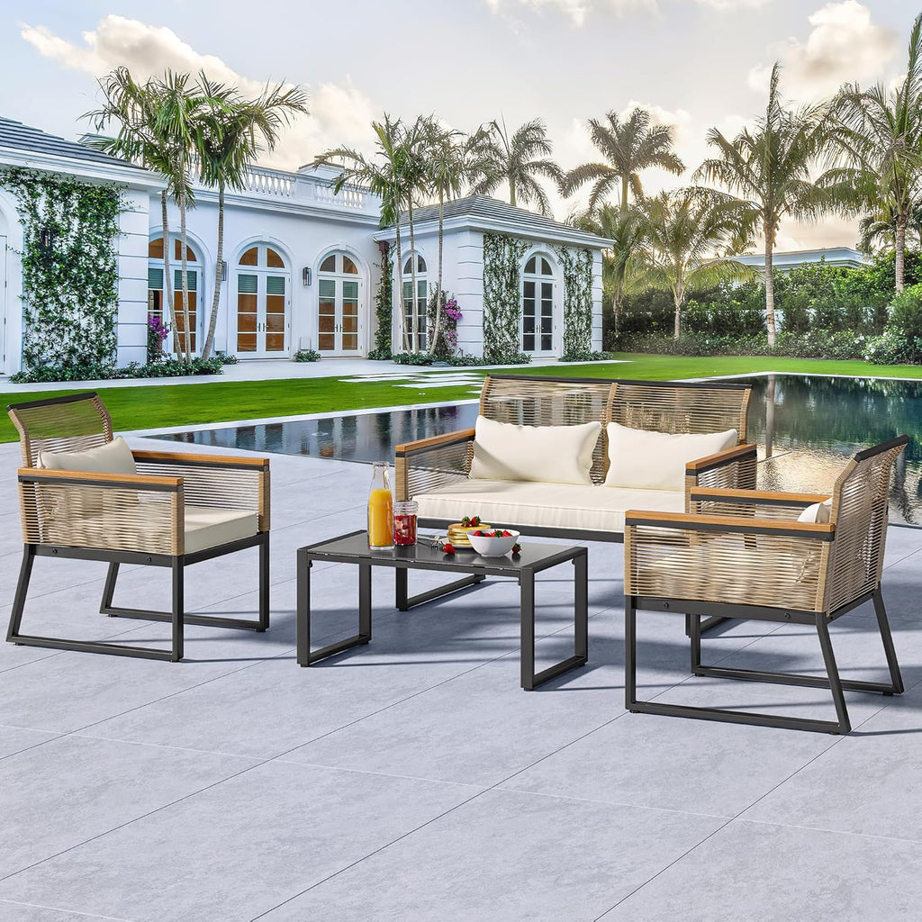 4-Piece All Weather Rattan Conversation Loveseat with Gray Cushions and Metal Coffee Table W700332