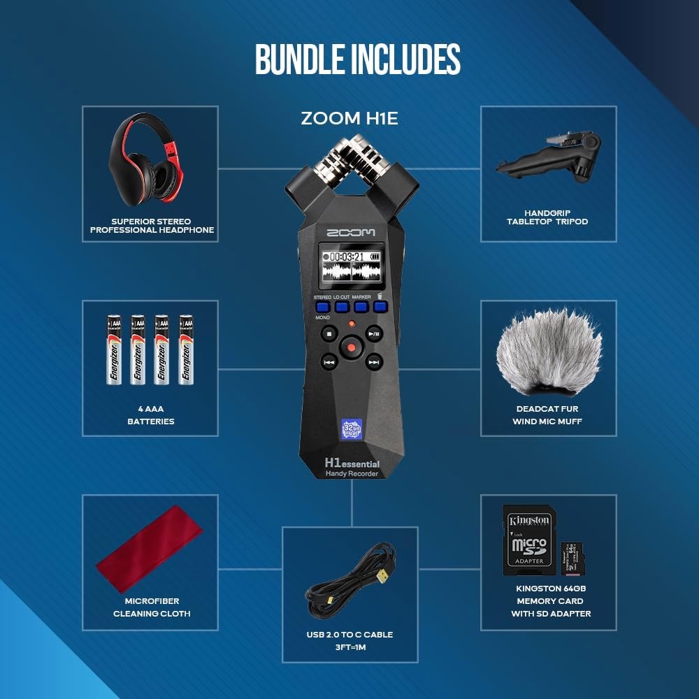Stereo Handy Recorder Portable Audio Recorder 32 Bit Float USB X/Y Microphone 64GB SD Tripod Headphone I73067