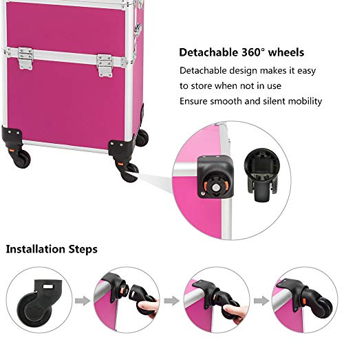 3 in 1 Rolling Makeup Train Case, Aluminum Cosmetic Case on Wheels S6051