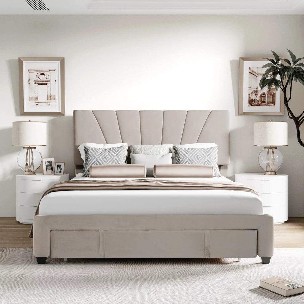 Beige Queen Size Velvet Upholstered Platform Bed with Drawer H4145