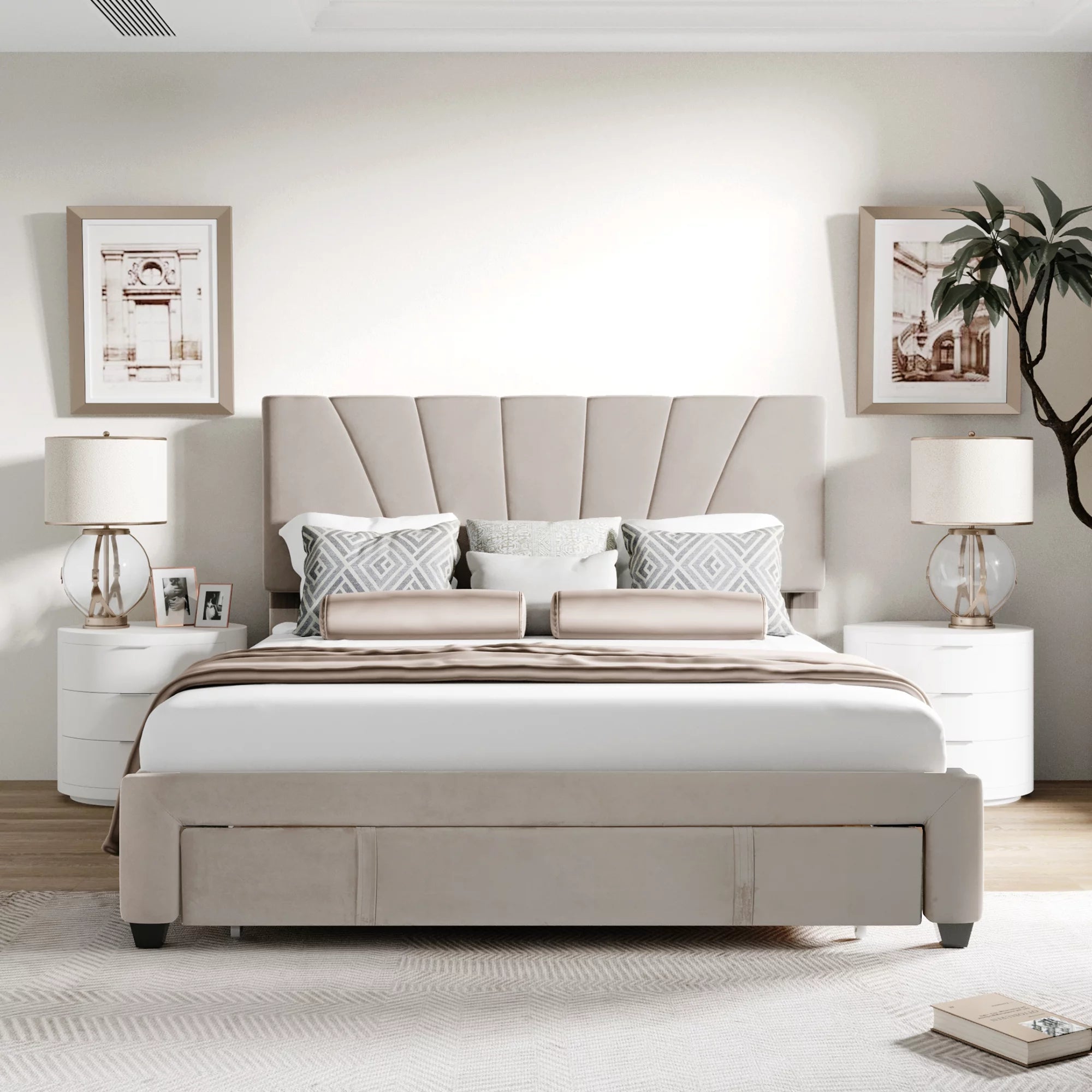 Beige Queen Size Velvet Upholstered Platform Bed with Drawer H4145