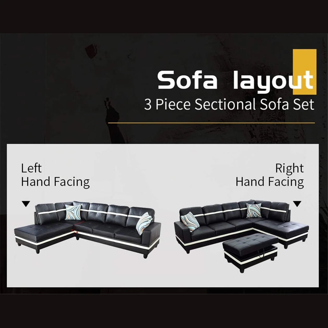 Black Leather 3-Piece L-Shaped Sectional Sofa Set with Ottoman E6032