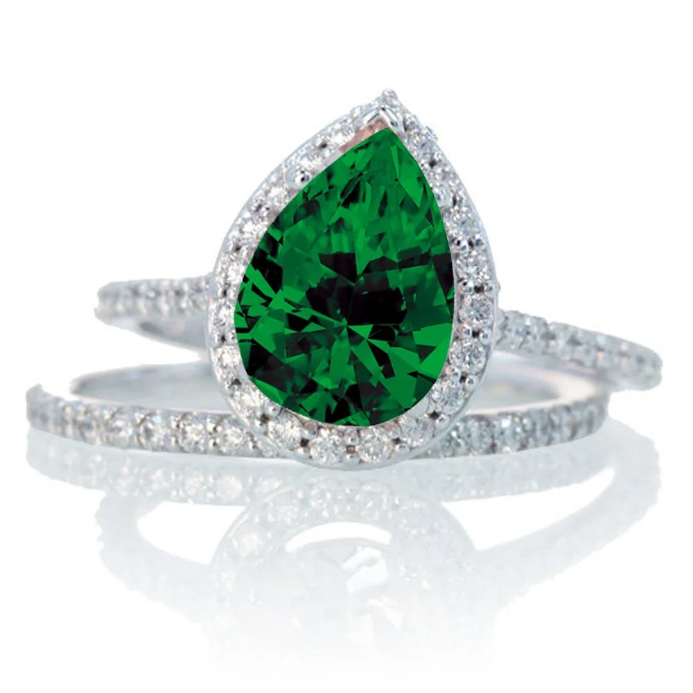 Pear Cut Emerald Halo Bridal Set on 10k White Gold E1561