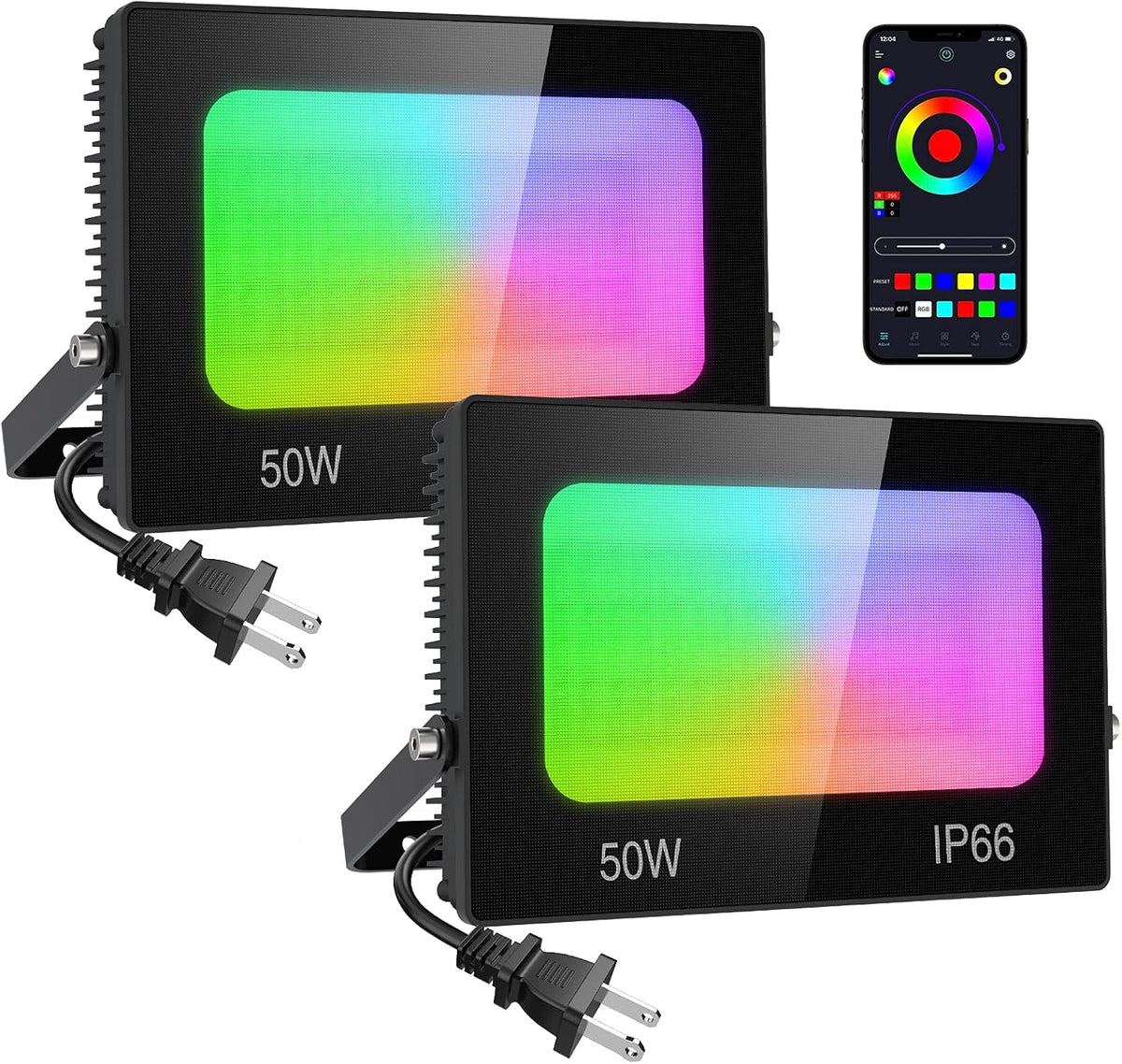 50W LED RGBCW Flood Light, IP66 Waterproof, 2 Pack X70660