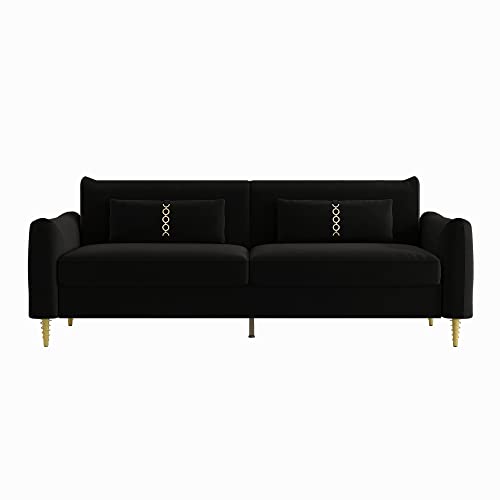 85 in 3-Seat Velvet Couch with Solid Wood Frame, 2 Pillows, Gold Legs W19362