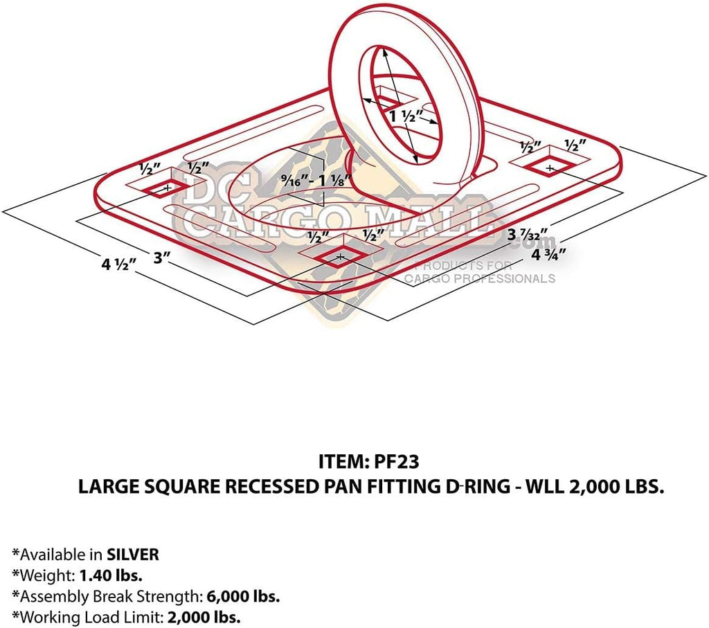 Four Recessed Tie-Down D-Rings with Mounting Lock Plate and Bolting Hardware W3142