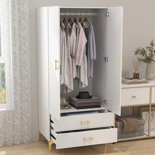White 2 Door Freestanding Wardrobe with Two Drawers & Hanging Rod I8827