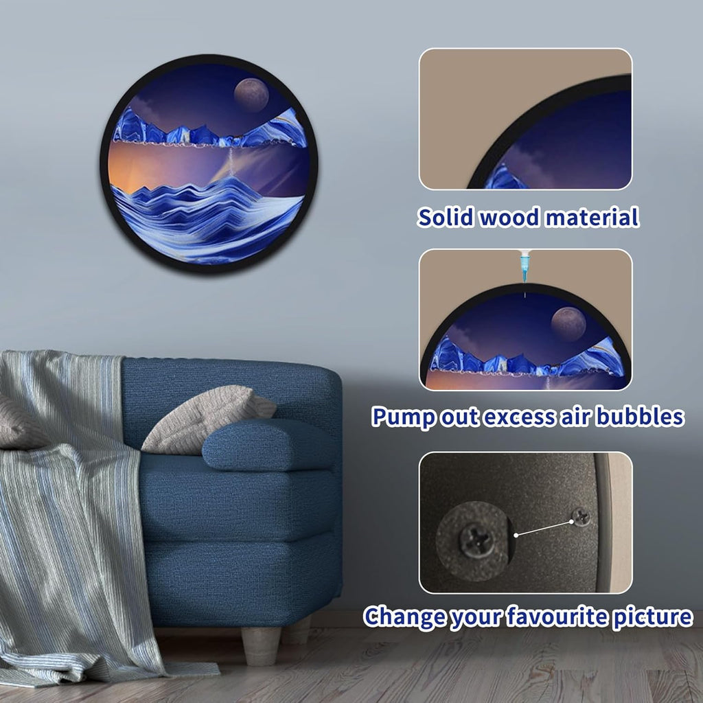 Sand Art Liquid Motion 3D Sand Painting, Glass Crafts Solid Wood Frame (Blue) Y45451