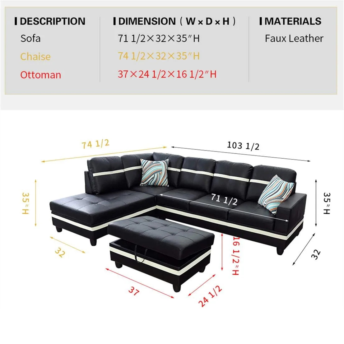 Black Leather 3-Piece L-Shaped Sectional Sofa Set with Ottoman E6032
