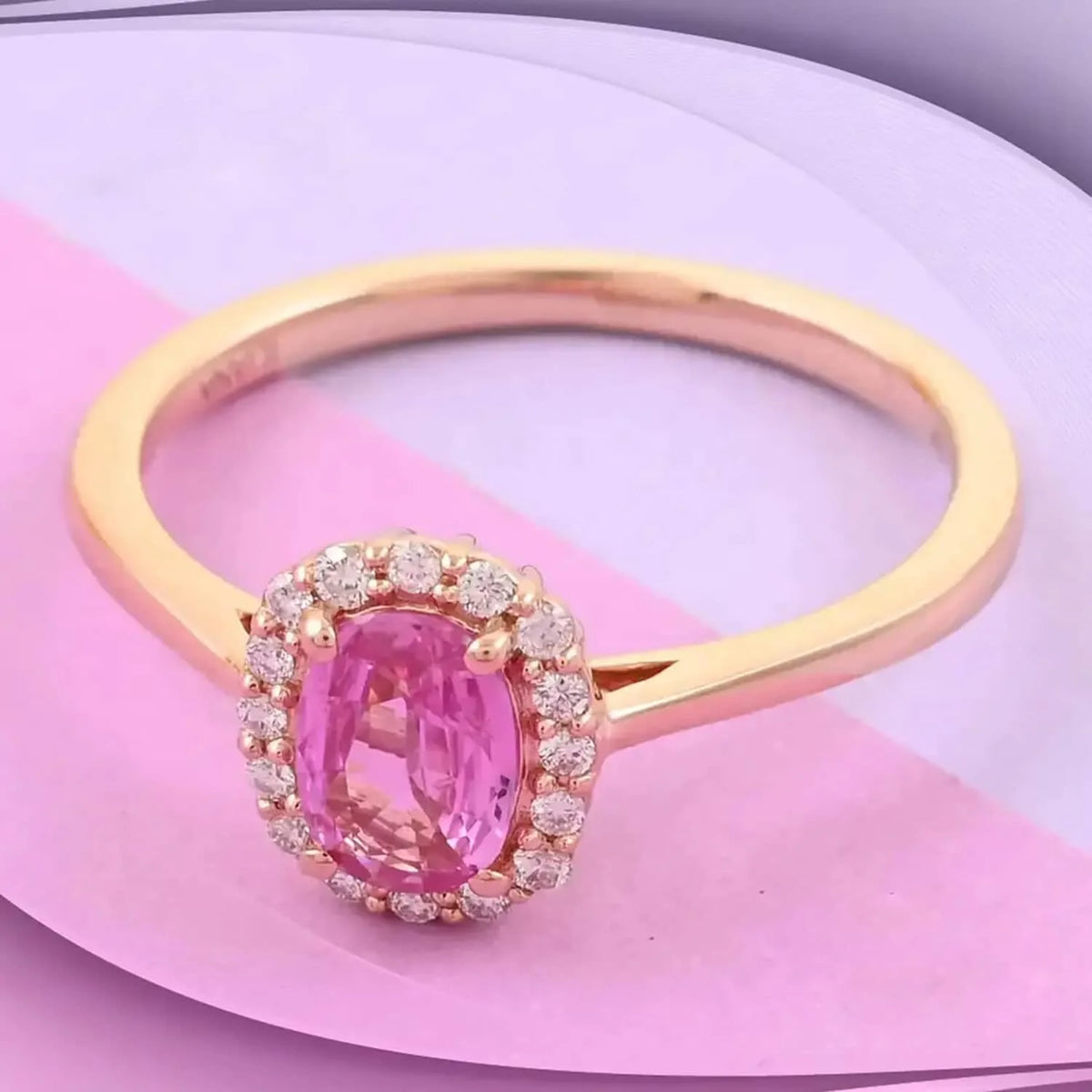 18K Rose Gold Oval Pink Sapphire Diamond Halo Engagement Ring G722