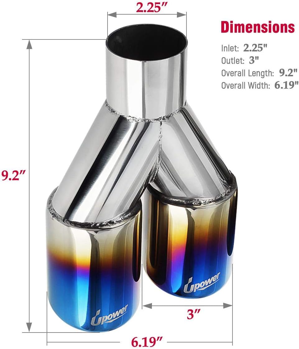 Dual Exhaust Tips 2.25 inch inlet 3 inch outlet 9.2" Long Blue 304 Polished Stainless Steel Weld on Exhaust Tailpipe Tips Pack of 2 Q6795
