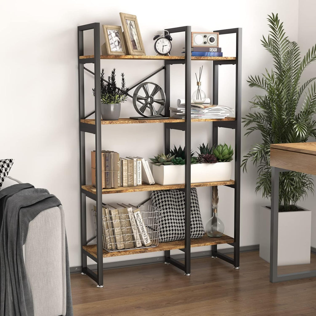 Rustic Brown 4 Tiers Metal Frame Bookshelf N7740