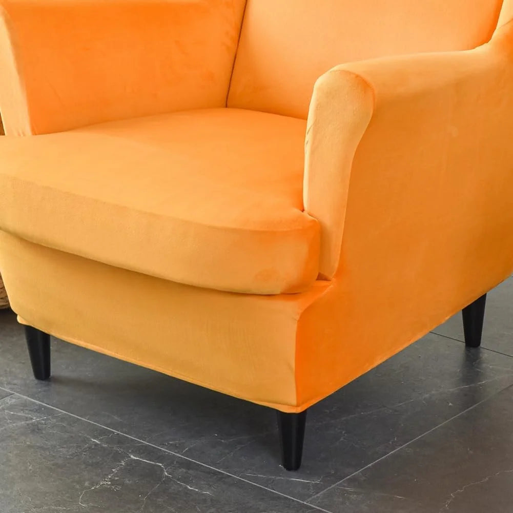 Orange Velvet Stretch Wingback Chair Sofa Slipcover with Elastic Bottom F6711
