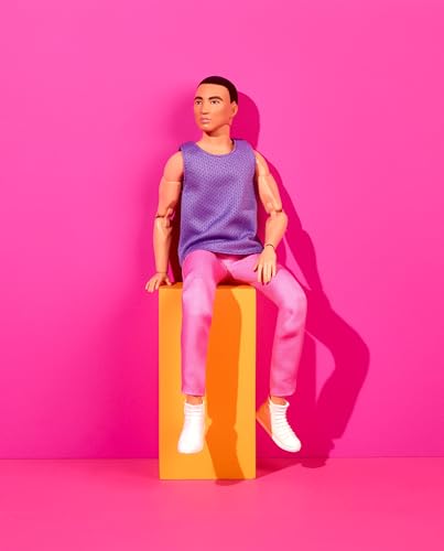 Barbie Ken Fashion Doll with Black Hair in Purple Mesh Top & Pink Trousers, Posable Collectible with Made to Move Body H8474