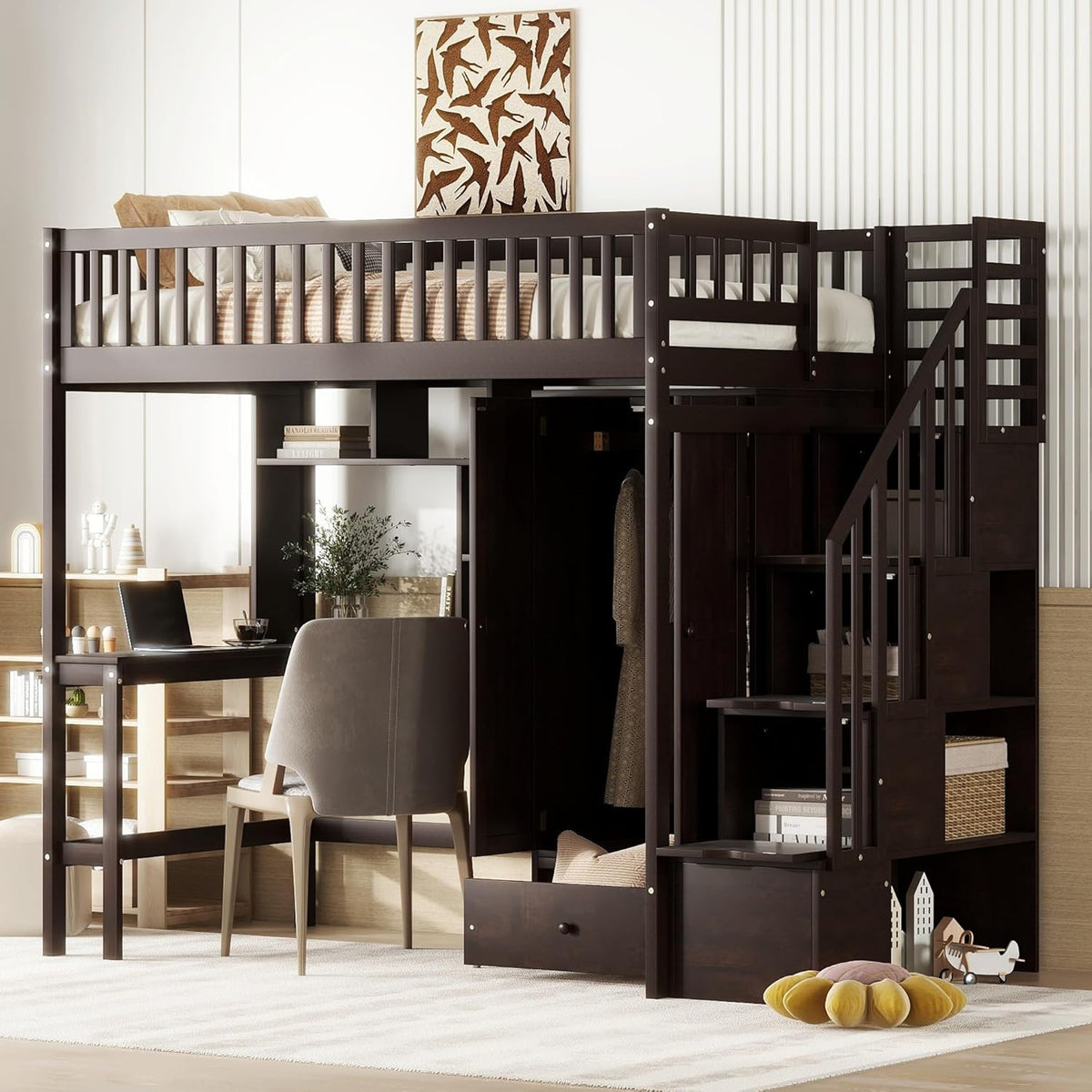 Twin Size Solid Wood Loft Bed with Stairs, Desk, Bookshelf, Drawers and Wardrobe D6083