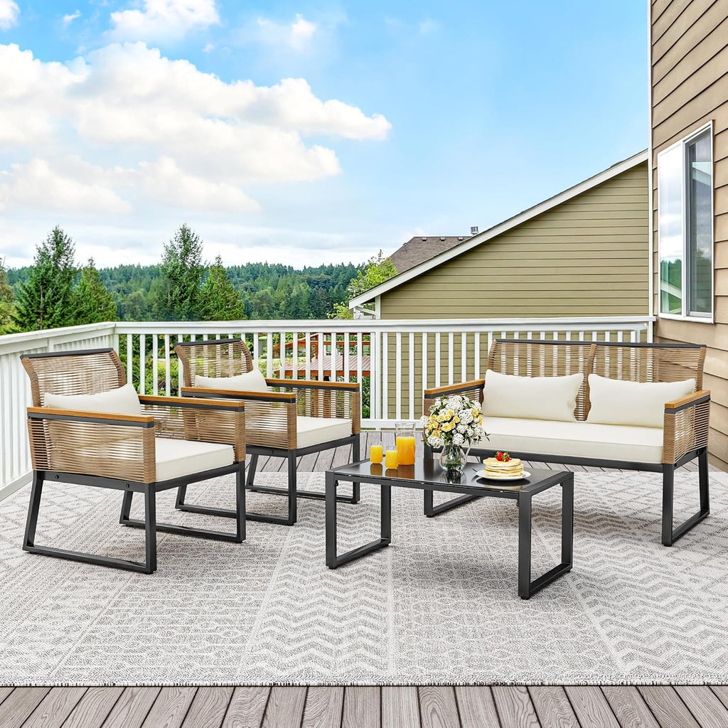 4-Piece All Weather Rattan Conversation Loveseat with Gray Cushions and Metal Coffee Table W700332