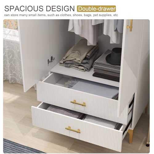 White 2 Door Freestanding Wardrobe with Two Drawers & Hanging Rod I8827