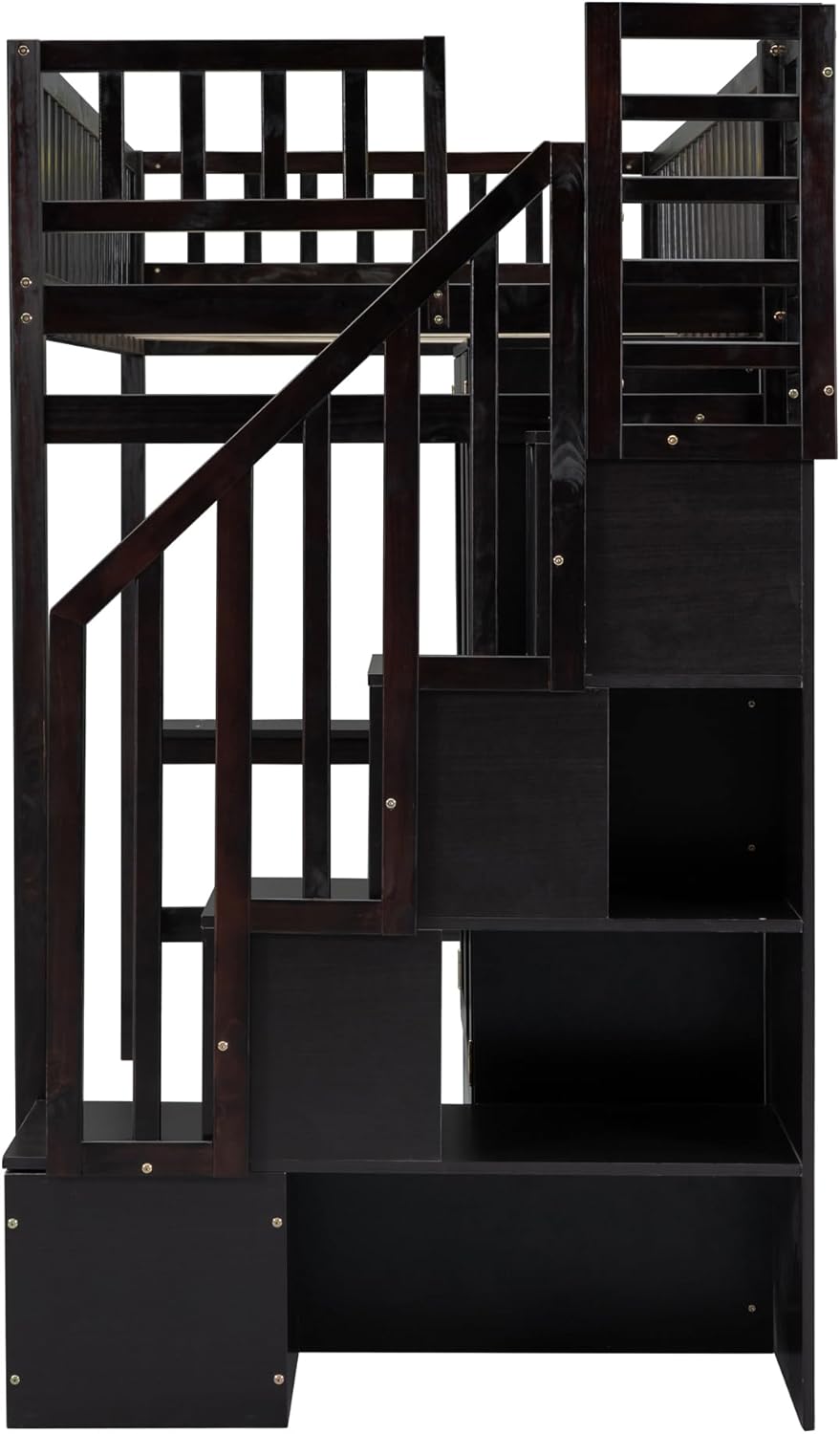Twin Size Solid Wood Loft Bed with Stairs, Desk, Bookshelf, Drawers and Wardrobe D6083