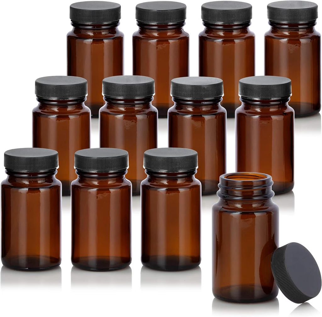 Amber Glass Bottle With Black Ribbed Lid (12 Pack) K944710