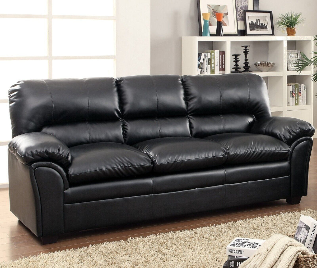 Black 2pc Faux Leather Sofa Loveseat Set G760460