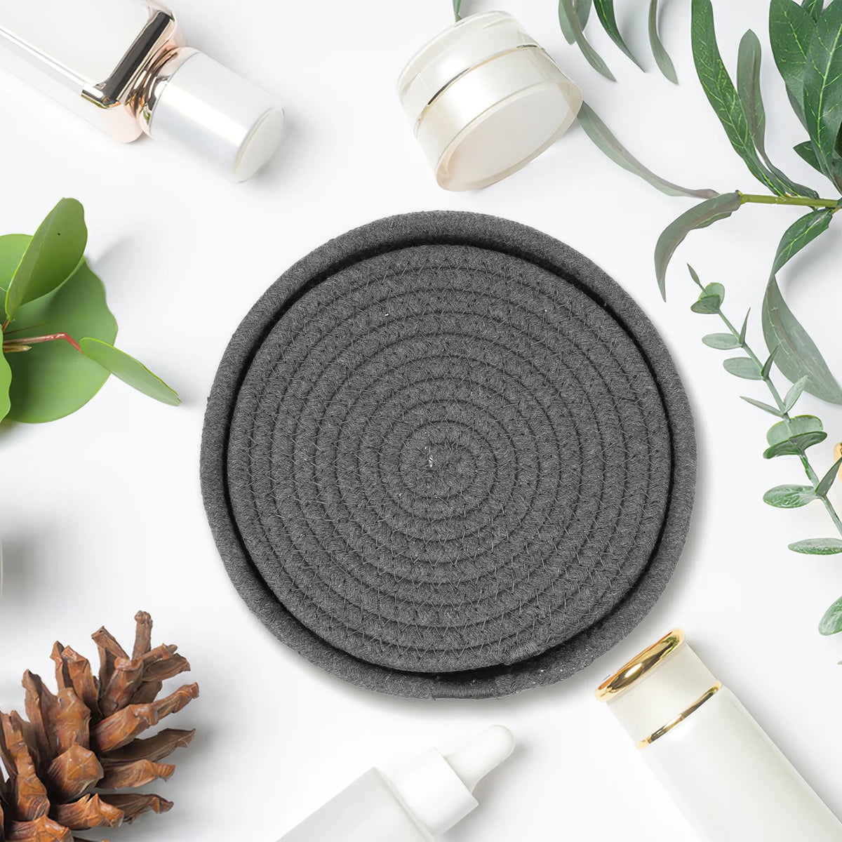 Dark Grey Cotton Rope Placemat Set Round Woven Coasters U146