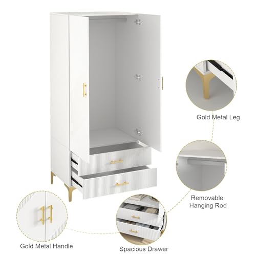 White 2 Door Freestanding Wardrobe with Two Drawers & Hanging Rod I8827