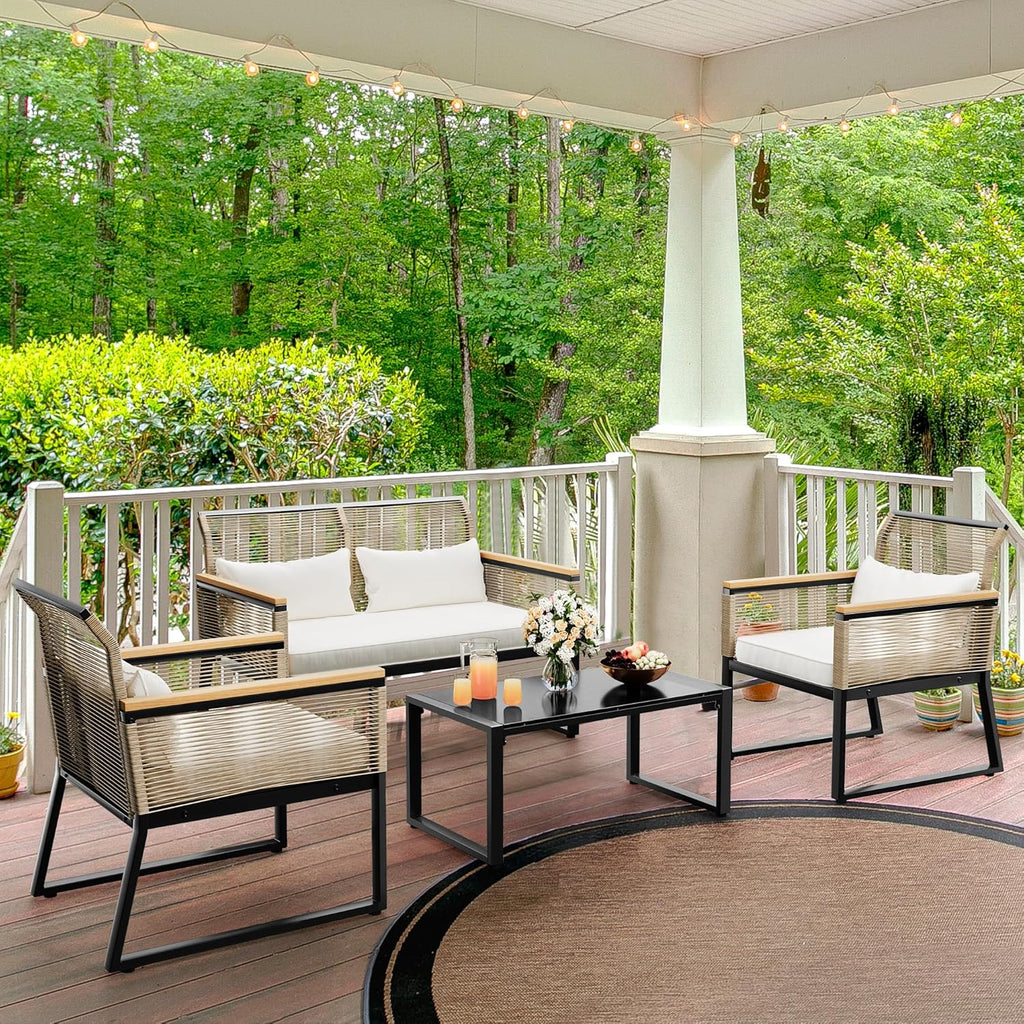 4-Piece All Weather Rattan Conversation Loveseat with Gray Cushions and Metal Coffee Table W700332