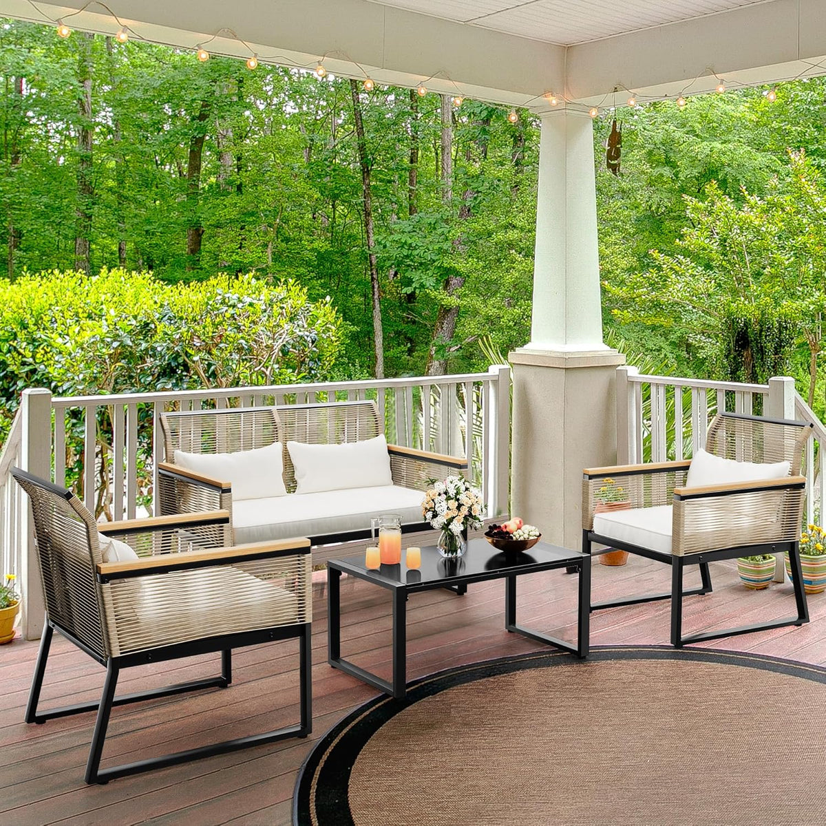 4-Piece All Weather Rattan Conversation Loveseat with Gray Cushions and Metal Coffee Table W700332