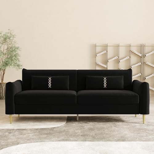 85 in 3-Seat Velvet Couch with Solid Wood Frame, 2 Pillows, Gold Legs W19362