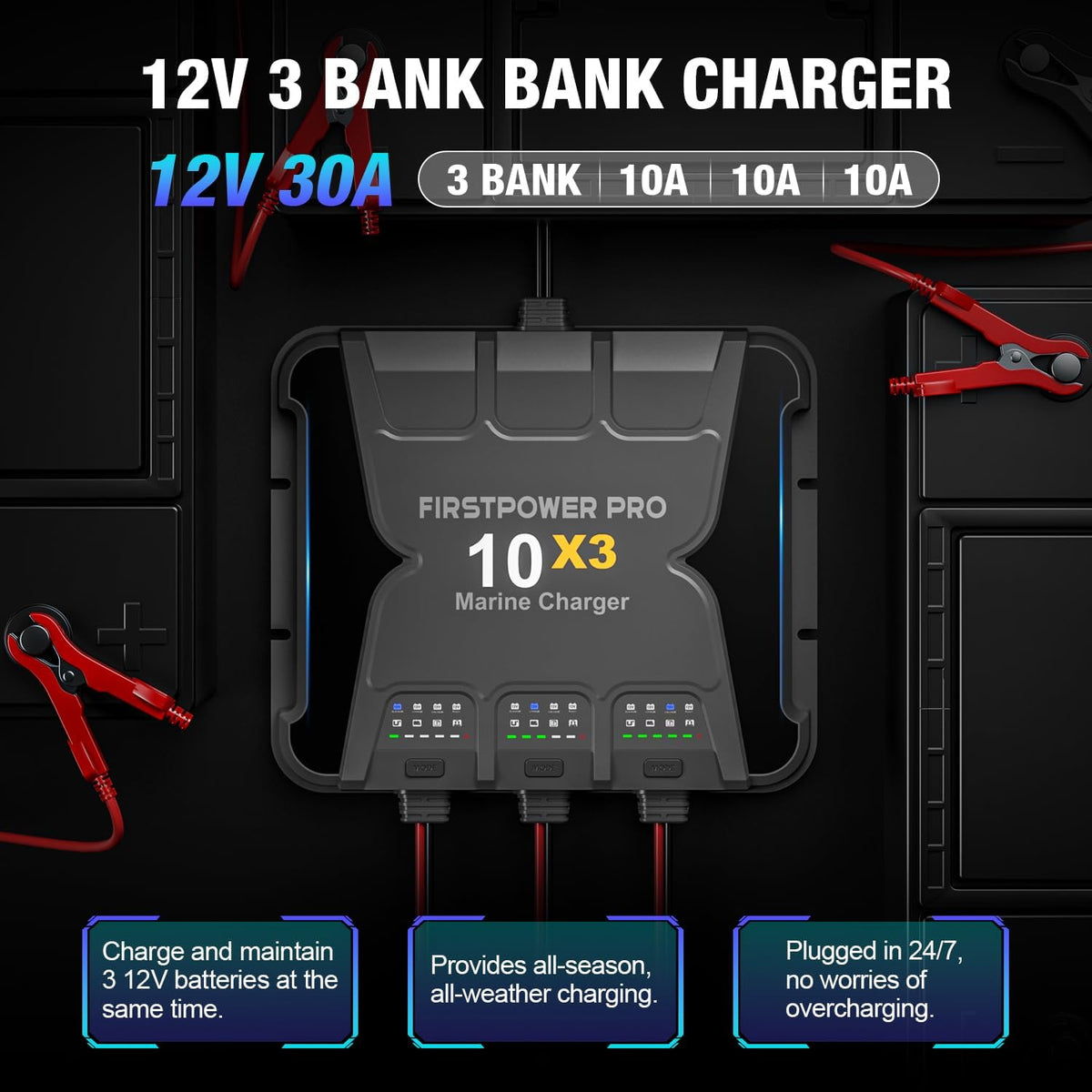 30A 12V Waterproof Onboard Battery Charger for SLA/AGM, Lithium, Calcium & Deep-Cycle Battery Z872872