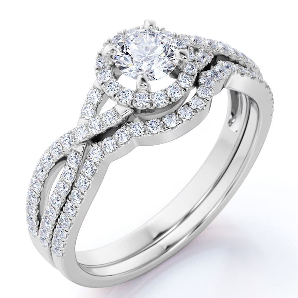 10k White Gold Diamond Halo Wedding Ring Set U5555