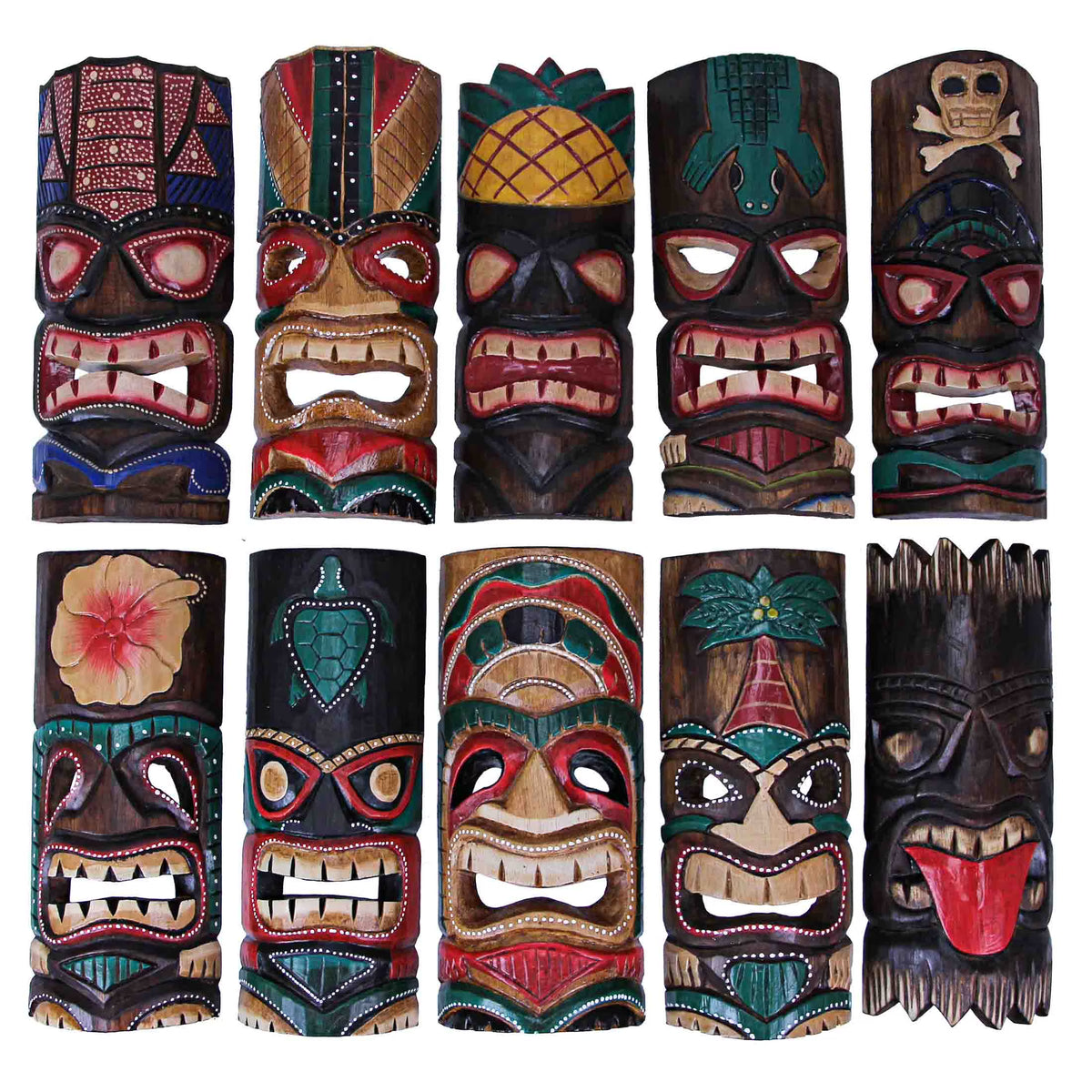 12 inch Wood Multicolor Tiki Mask Wall Hanging Art Set of 10 P179797