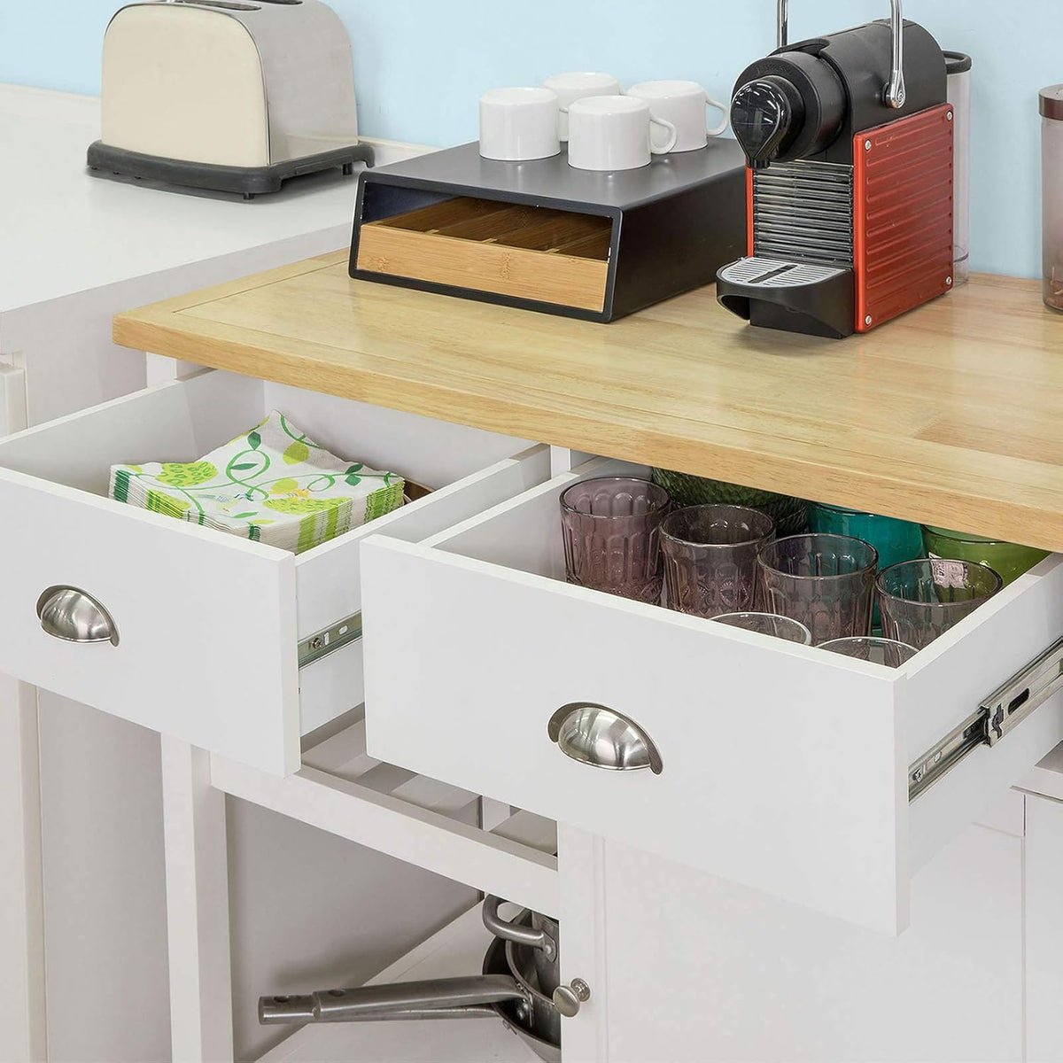 Kitchen Cart with Rubber Wood Top and Wide Drawer P9245