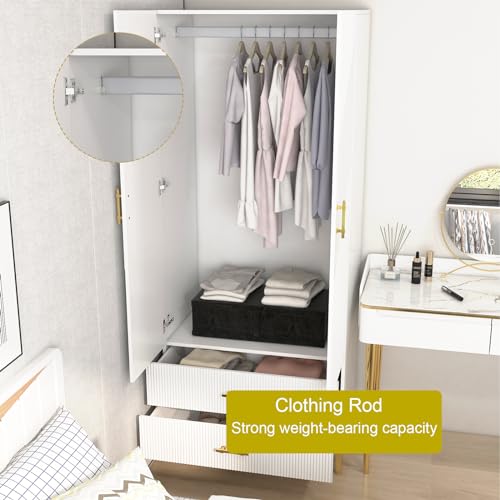 White 2 Door Freestanding Wardrobe with Two Drawers & Hanging Rod I8827