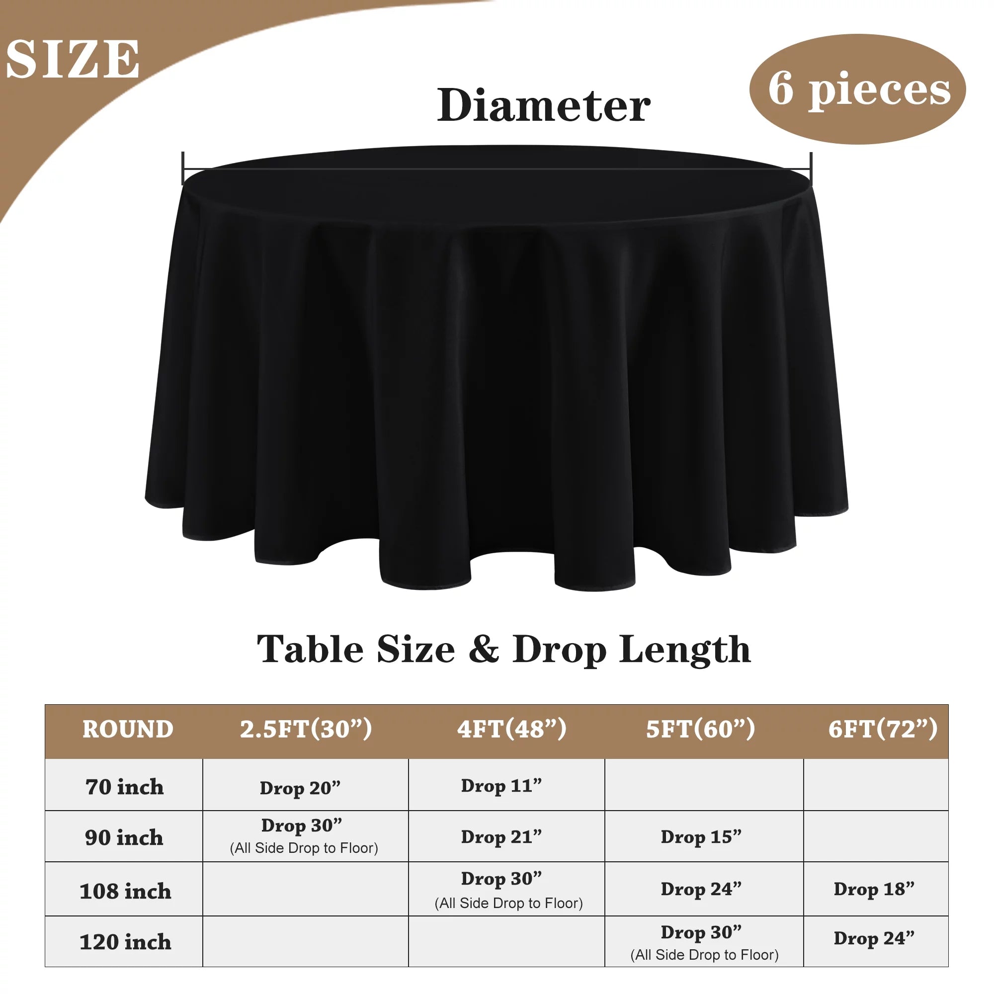 8 Pack Black 120 inch Round Polyester Table Cloth D410007