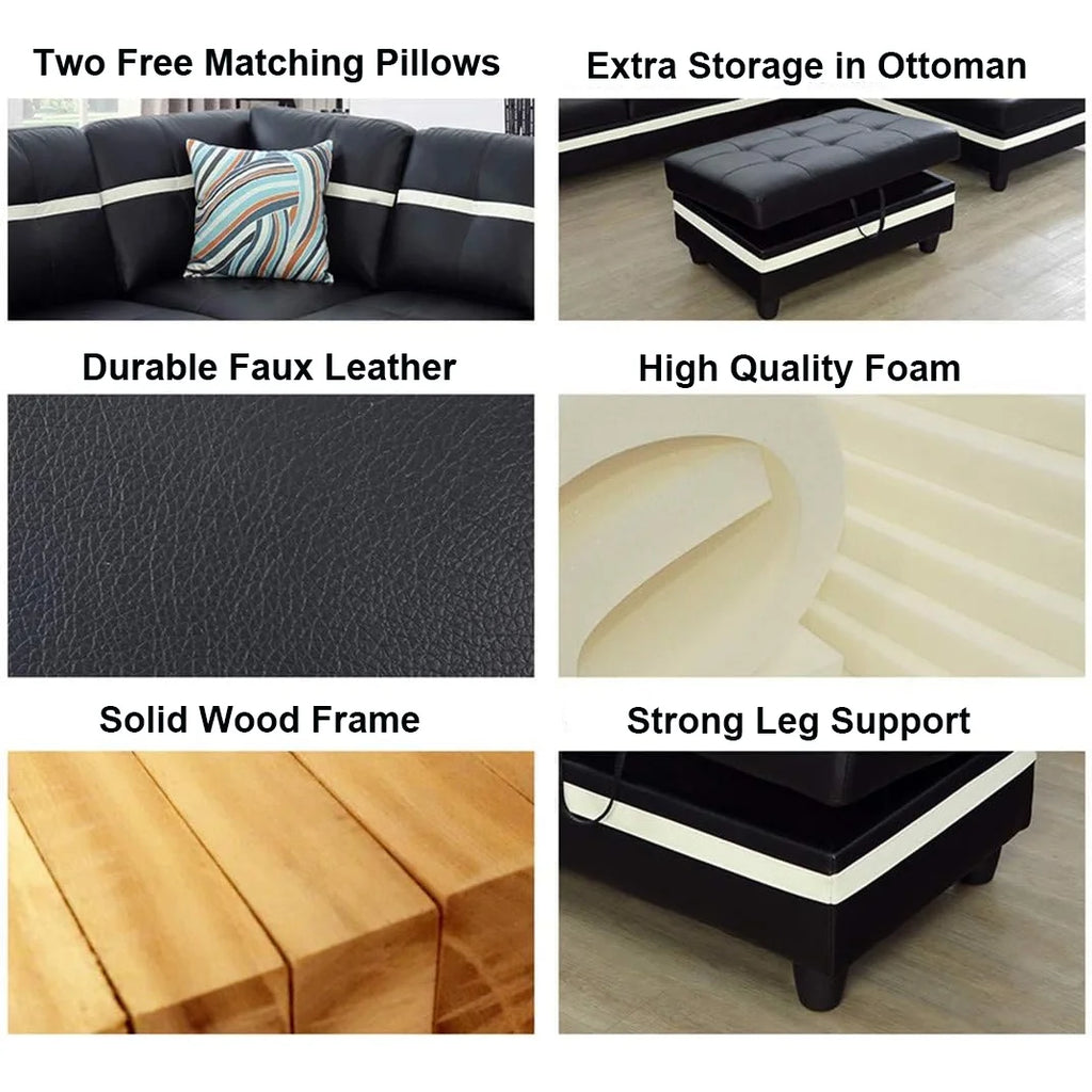Black Leather 3-Piece L-Shaped Sectional Sofa Set with Ottoman E6032