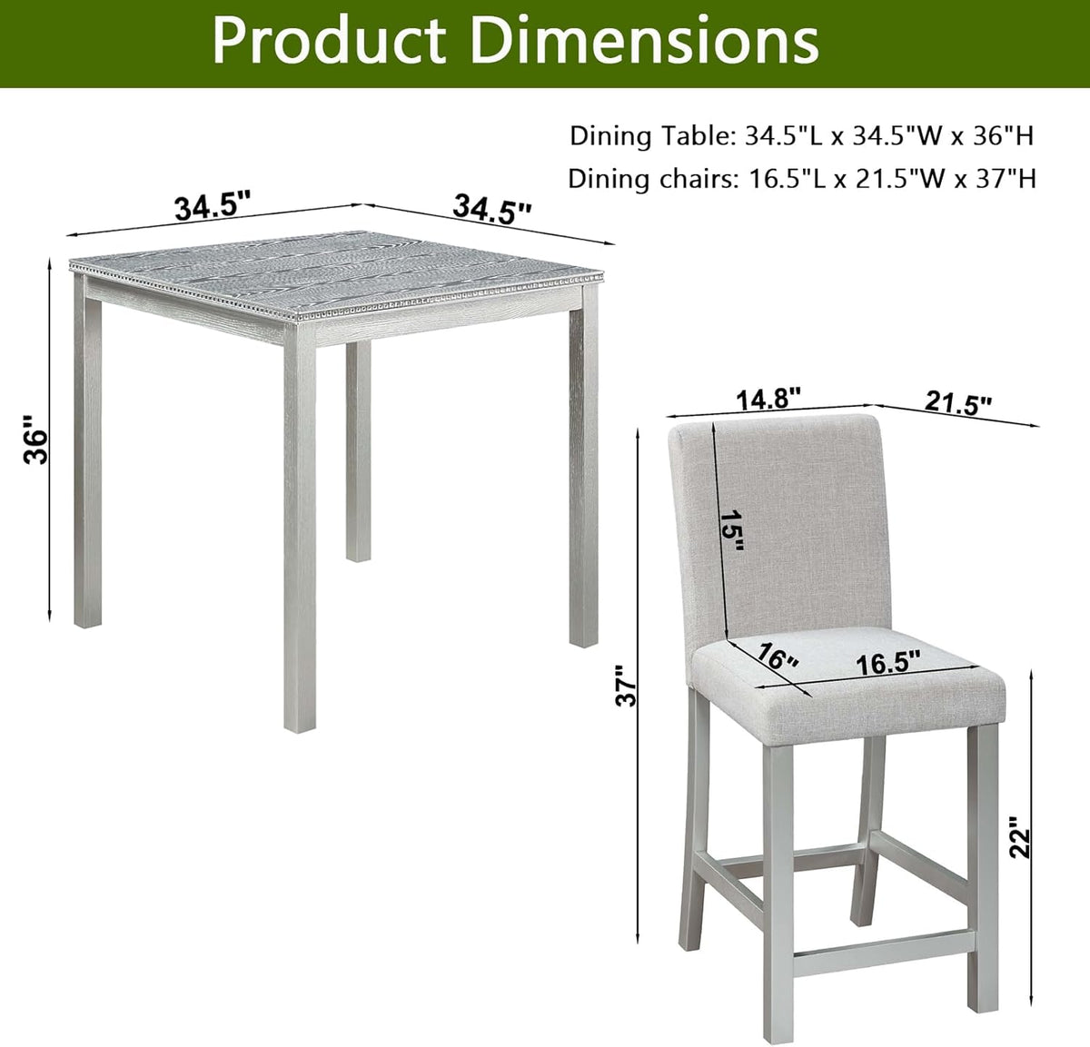 5-Piece Acacia Wood Counter Height Dining Table Set with 4 Upholstered-Seat Chairs M7968