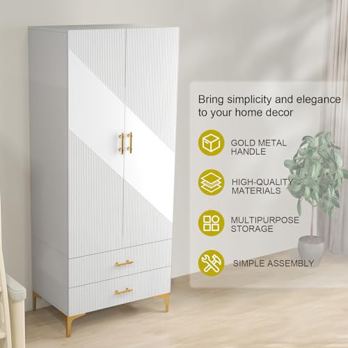 White 2 Door Freestanding Wardrobe with Two Drawers & Hanging Rod I8827