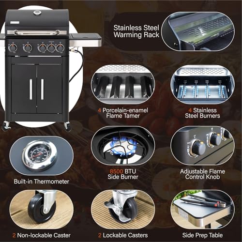 Charcoal and Propane Gas Grill Combo with Side Burner & Porcelain-Enameled Cast Iron Grate, Dual Fuel BBQ Grill, 690 SQIN Cooking Area V109