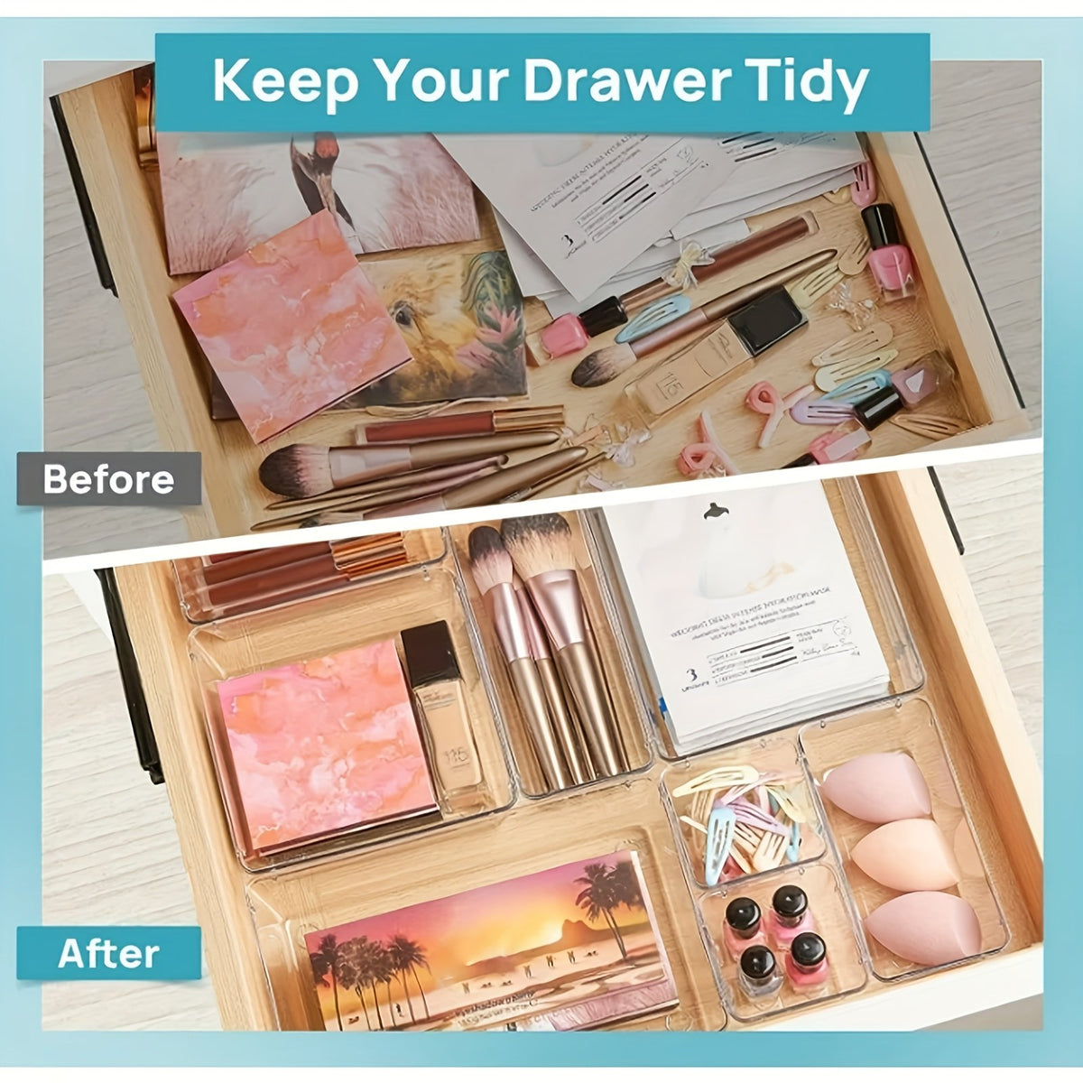 44pcs Clear Plastic Drawer Organizers Set with Non-Slip Pads U126882