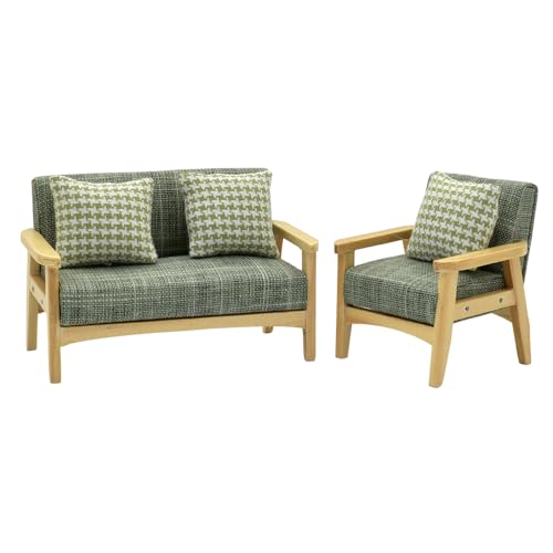 Grey Green Dollhouse Couch and Miniature Sofa Set with Mini Houndstooth Cushions V283609
