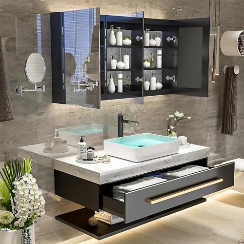 Solid Wood Wall Mounted Bathroom Vanity with Sink and LED Mirror (Single Sink 36") S256154