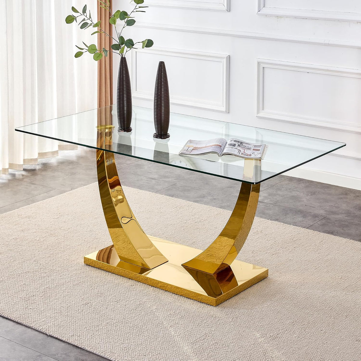 Contemporary Glass Top Rectangular Dining Table with Stainless Steel Base T4923