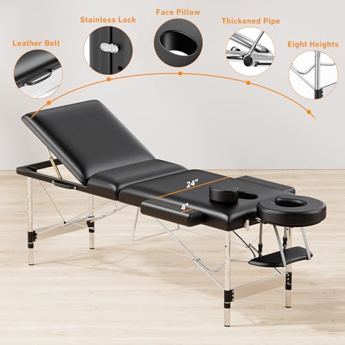 Black 84" Long 24" Wide 3 Sections Reclining Massage Couch with Carrying Bag V5437