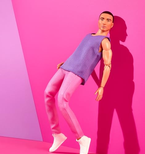 Barbie Ken Fashion Doll with Black Hair in Purple Mesh Top & Pink Trousers, Posable Collectible with Made to Move Body H8474